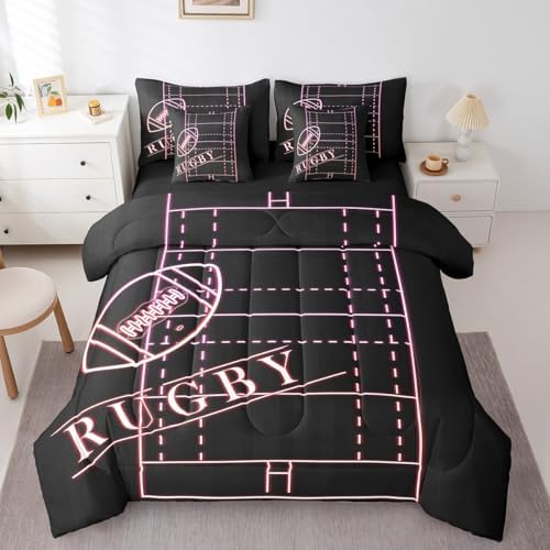 Soccer Bed in a Bag 7-Piece for Girls Room Sport Bedding Set, Glowing Football Field Queen Size Comforter Set Sports Gamer Bedding Comforter Sets, Gradient Neon Pink Bed Set (Black Reversible)