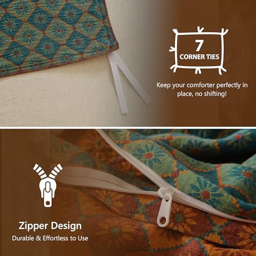 Simple&Opulence Muslin Duvet Cover Set King Size, 100% Washed Cotton 3 Pieces Yarn-Dyed Vintage Teal Green Floral Jacquard Textured Bedding, Soft Breathable Gauze Comforter Cover with Zipper Closure
