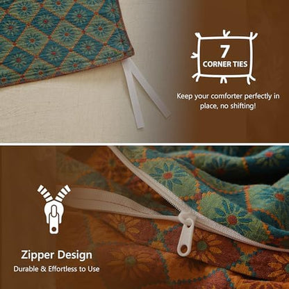 Simple&Opulence Muslin Duvet Cover Set King Size, 100% Washed Cotton 3 Pieces Yarn-Dyed Vintage Teal Green Floral Jacquard Textured Bedding, Soft Breathable Gauze Comforter Cover with Zipper Closure