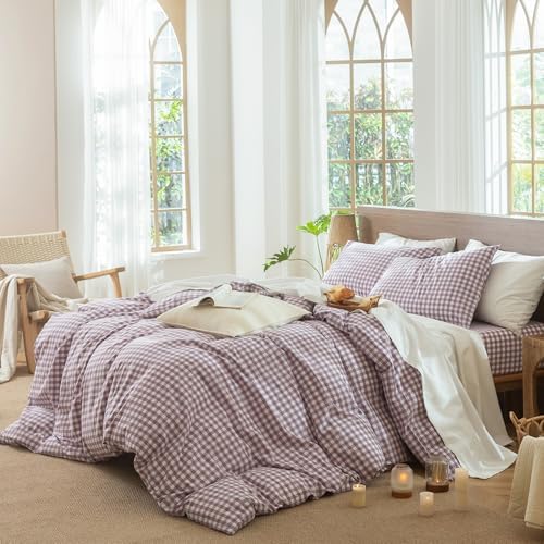 MooMee Gingham Duvet Cover Set 100% Washed Cotton Linen Like