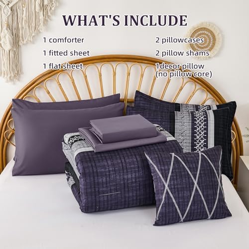 Dintszyayue Purple Comforter Set Queen Size, 8 Pieces Boho Striped Bed in a Bag Soft Microfiber Bedding Set for All Season