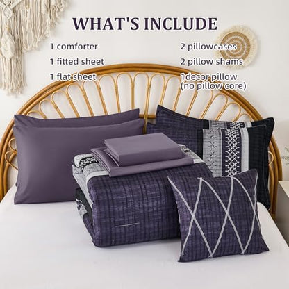 Dintszyayue Purple Comforter Set Queen Size, 8 Pieces Boho Striped Bed in a Bag Soft Microfiber Bedding Set for All Season