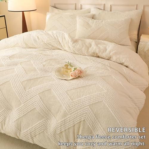 tohrisa Tufted Boho Comforter Set Queen - White Fluffy Sherpa Bedding Set, Soft Fuzzy Jacquard Quilt Set, 3 Pieces Cozy Bed Set Warm Comforter for Winter(90"X90")