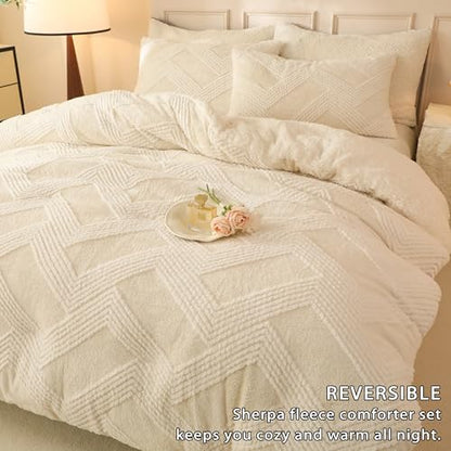 tohrisa Tufted Boho Comforter Set Queen - White Fluffy Sherpa Bedding Set, Soft Fuzzy Jacquard Quilt Set, 3 Pieces Cozy Bed Set Warm Comforter for Winter(90"X90")