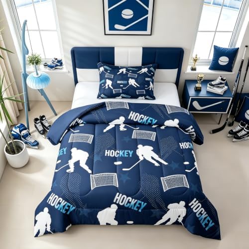 Castle Fairy Hockey Comforter Set Toddler Size,White Silhouette Goal Bedding Sets 2Pcs for Kids Girls Boys Room Decor,Navy Blue Quilted Duvet Sports Theme Down Comforter,1 Pillowcase