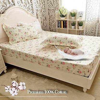 FADFAY Yellow Floral Bed Sheet Cotton King Size Soft Breathable Shabby Coquette Sheets Deep Pocket Pink Rose Flower Printed Set 4 Pcs