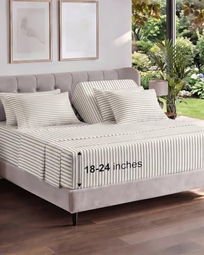 Extra Deep Flex Top Split Head King Sheet Set - 6pc Sheets - Beige Stripes