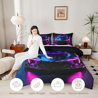 Feelyou Boys Race Car Comforter Set King Size Speed Sports Car Bedding Set for Kids Boys Girls Extreme Sports Duvet Quilt Automobile Bedroom Decor Microfiber 3 Pcs with 2 Pillow Cases