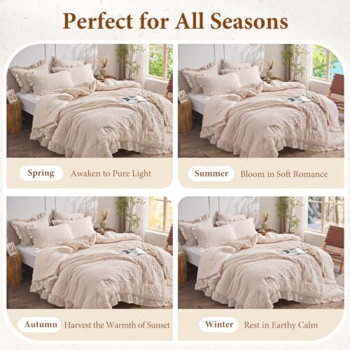 JOLLYVOGUE Oversized King Comforter Set, 3 Pieces Beige Seersucker Comforters, Lightweight & Fluffy Bedding Sets for All Season with 1 Ruffle Comforter and 2 Ruffle Pillowshams