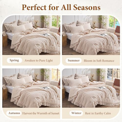 JOLLYVOGUE Oversized King Comforter Set, 3 Pieces Beige Seersucker Comforters, Lightweight & Fluffy Bedding Sets for All Season with 1 Ruffle Comforter and 2 Ruffle Pillowshams