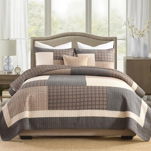 Finlonte 100% Cotton King Size Quilt, King Comforter with Pillow Shams, Farmhouse Plaid Quilted Bedspread, Lightweight Soft Quilt Bedding Set, Brown/Beige/Gray