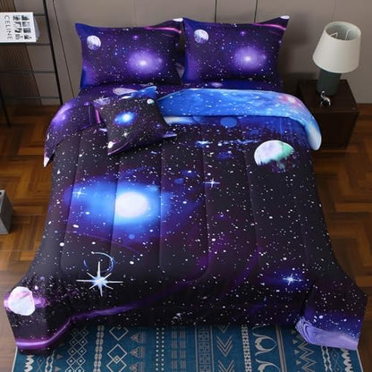 JQinHome Twin Galaxy Comforter Sets 6 Piece Bed in A Bag, Outer Space Themed Bedding for Children Boy Girl Teen Kids,1 Comforter, 1 Flat Sheet, 1 Fitted Sheet, 2 Pillowshams, 1 Cushion Cover(Purple)