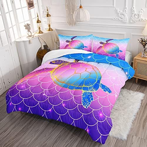 HOSIMA Mermaid Fish Scales Bedding Sets,Sea Turtle Comforter Rainbow Bedding Glitter Star Themed Full Comforter Set for Girls Kids Room Decor,Bed Set for Girls with 2 Pillowcases.