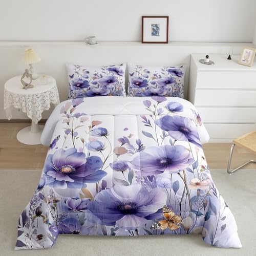 jejeloiu Purple Floral Flower Comforter Set Twin Size Kids Wildflower Bedding Set for Boys Girls Teens Botanical Duvet Breathable Blossom Plant Quilt Bedroom Decor,1 Comforter with 1 Pillowcase