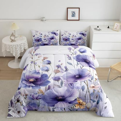 jejeloiu Purple Floral Flower Comforter Set Twin Size Kids Wildflower Bedding Set for Boys Girls Teens Botanical Duvet Breathable Blossom Plant Quilt Bedroom Decor,1 Comforter with 1 Pillowcase