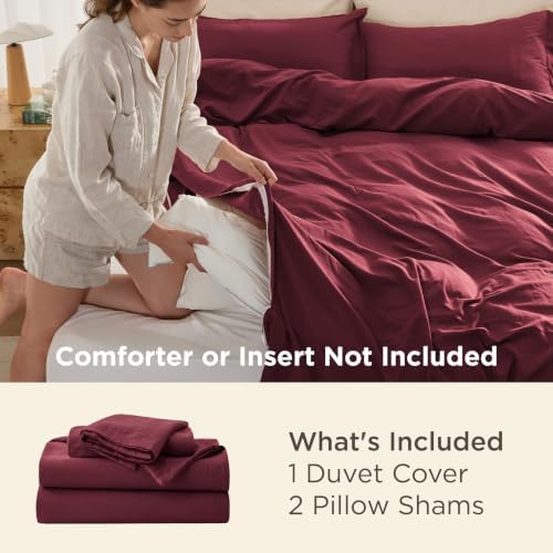 Bedsure Prewashed Duvet Cover Queen, Cotton-Like Bedding Set, Burgundy