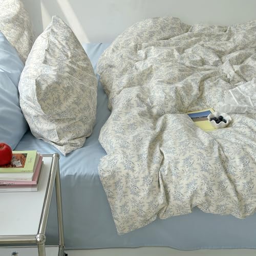mixinni Blue Floral Duvet Cover Twin Size - 100% Cotton Soft Boho Comforter Cover with Zipper Closure 4 Ties, 3-Piece Vintage Aesthetic Botanical Bedding Set with 2 Pillowcases, All Season Bed Set