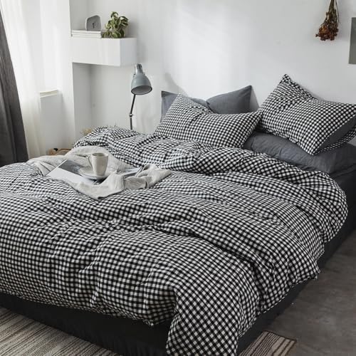 mixinni Black Gingham Comforter Set King, Plaid Comforter Set 3 Pieces 1 Black Grid Comfoter with 2 Pillow Cases for All Seasons, Soft Fluffy Modern Grid Pattern Printed Bedding-King Size