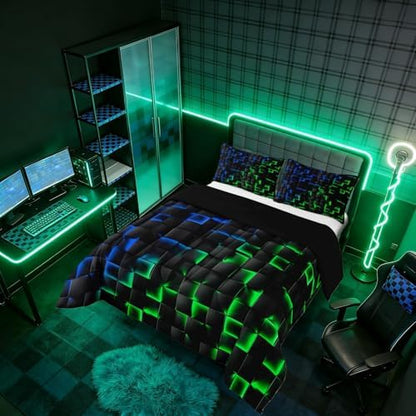 Erosebridal Geometric Checkered Comforter Set Twin Neon Blue Green Bedding Set for Kids Boys Teen Gamer Room Decor,Abstract Ombre Plaid Comforter Grids Quilt Duvet Black