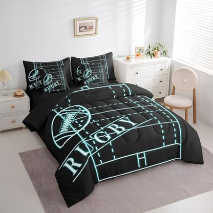 Sports Bed in a Bag 7-Piece for Boys Football Bedding Set, Soccer Game Full Size Comforter Set Black Teal Blue Bedding Comforter Sets, Neon Blue Rugby Field Bed Set Lightweight (Black Reversible)