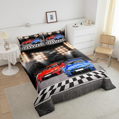 Feelyou Sports Comforter Toddler Size Decor Red Blue Race Car Comforter Set for Kids Boys Racing Car Bedding Set Extreme Sports Competitive Quilt Set Room Decorations