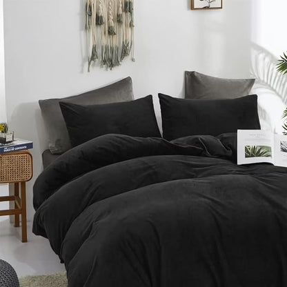 CLOTHKNOW Black California King Comforter Set Velvet Bedding Comforter Sets Soft Flannel Comforters Black Comforter with 2 x Pillow Cases