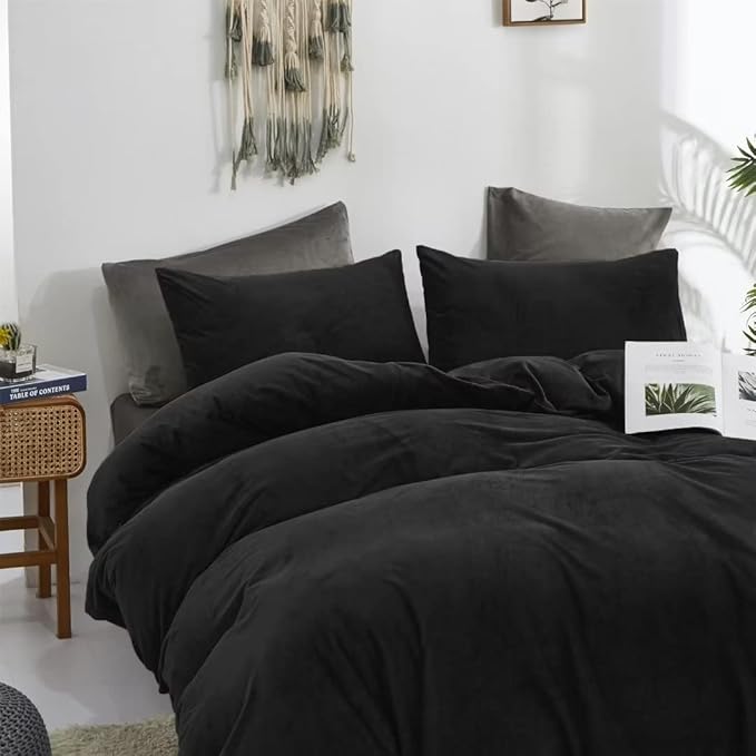 CLOTHKNOW Black Velvet Full Comforter Set, 3Pcs High Material Fluffy Bedding Comforter, Includes 1 Comforter & 2 Pillowcases, Best for Sleeping, Home Decor