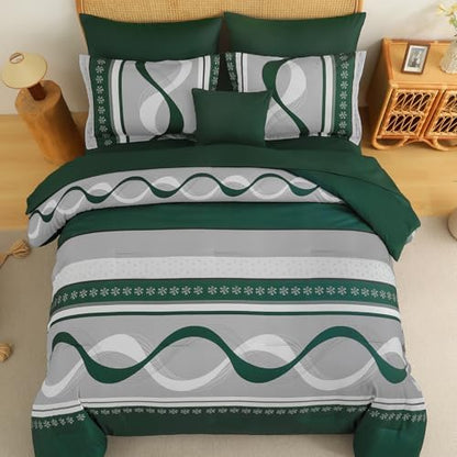 Anibedding Dark Green Comforter Set Queen,8 Pieces Striped Bed in a Bag