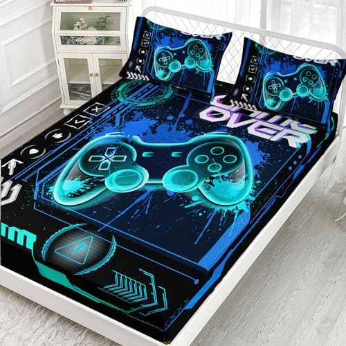 AILONEN Gamer Fitted Sheet Set Full Size, Blue Game Controller Boys Bedding Set Decor,Gamer Bed Sheet Set 3 Pieces Boys Sheet Set,Video Game Fitted Sheet and 2 Pillowcases