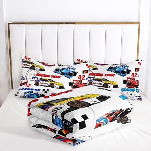 Race Car Themed Comforter Set Queen for Boys，Race Car Bedding Queen Bed Set，Kids Race Car Bedroom Decor with 1 Comforter with 2 Pillow Case