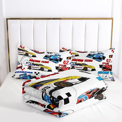 Race Car Themed Comforter Set Queen for Boys，Race Car Bedding Queen Bed Set，Kids Race Car Bedroom Decor with 1 Comforter with 2 Pillow Case
