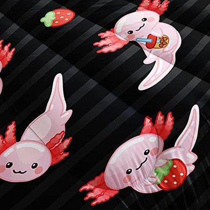 HOSIMA Kids Black Comforter Sets 3 Pieces,Cartoon Axolotl Bedding Sea Wildlife Cute Animals Theme Room Decor,Kawaii Bedding Set Strawberry Comforter Queen Size with 2 Pillowcases.