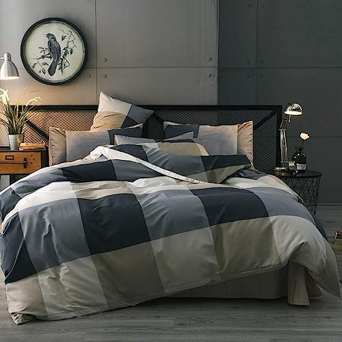 LifeTB Queen Comforter Set Fluffy Plaid Checkered Pattern Modern Style Geometric Comforter with 2 Pillow Shams Grid Plaid Bedding Comforter for Boys Men All Season Queen Size Bed Comforter Set
