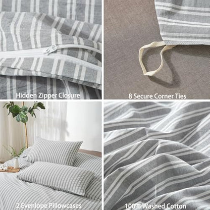Striped Duvet Cover Set 100% Washed Cotton Linen Feel King