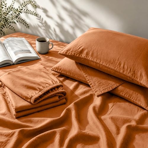 MEISHANG 100% French Linen Sheets Queen,4 Pcs,16" Deep Pocket