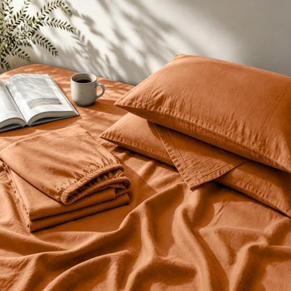 MEISHANG 100% French Linen Sheets Queen,4 Pcs,16" Deep Pocket