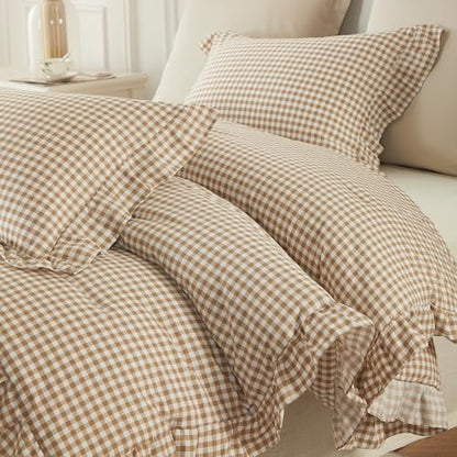 Cupocupa Gingham Ruffle Comforter Set Twin - 2 Piece Tan Checkered Bedding Set - Aesthetic Cottagecore Ruffled Farmhouse Comforter with 1 Pillow Shams - Soft, Lightweight All Season Bedding