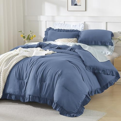 Andency Ocean Blue King Size Comforter Set, 3 Pcs Solid Farmhouse Bedding