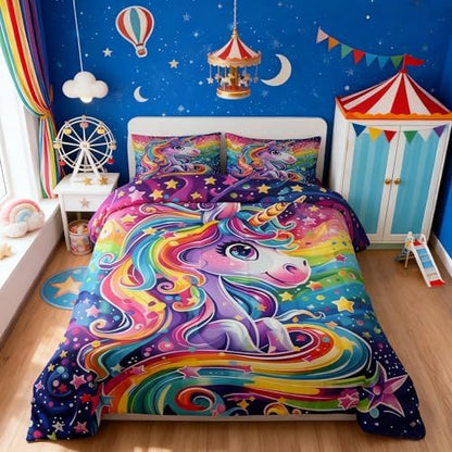Rainbow Unicorn Comforter Sets Queen Size Cartoon Watercolor Unicorn Star Bedding Set for Kids Girls Boys Teens Bedroom Decor,Cute Animal Theme Duvet Quilt Soft Reversible Comforter 3 Pcs
