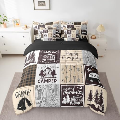 Erosebridal Camper Full Comforter Set 7 Piece for Bunk Travel Trailers,Rustic Plaid Camping Car Bed in A Bag Camping Accessories Bedding Set for Rv Camper,Country Cabin Lodge Bed Set Brown Beige