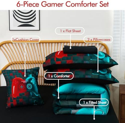 PERFEMET 6 Pcs Gaming Comforter for Boys Red and Teal Game Kid Bed in A Bag