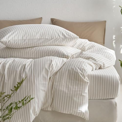MooMee Striped Duvet Cover Set 100% Washed Cotton Linen Like Super King