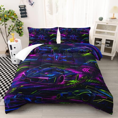 AILONEN Full Comforter Set 3 Piece, Electric Motorsport Graphic Futuristic Speed Scene, Smooth Microfiber Down Alternative Quilt with 2 Pillowcases for Studio Bedroom