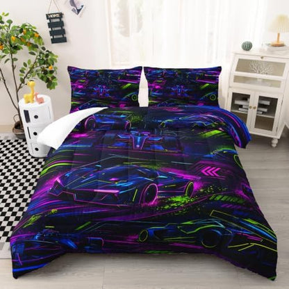 AILONEN Full Comforter Set 3 Piece, Electric Motorsport Graphic Futuristic Speed Scene, Smooth Microfiber Down Alternative Quilt with 2 Pillowcases for Studio Bedroom