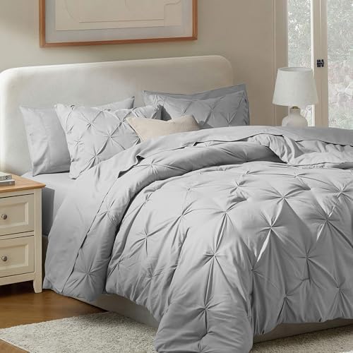 Nestl 9 Piece Queen Comforter Set – Light Grey Pinch Pleated Bed in a Bag – Complete Queen Size Bedding Set with Sheets, Set of 2 Cooling Pillows, Pillowcases and Shams