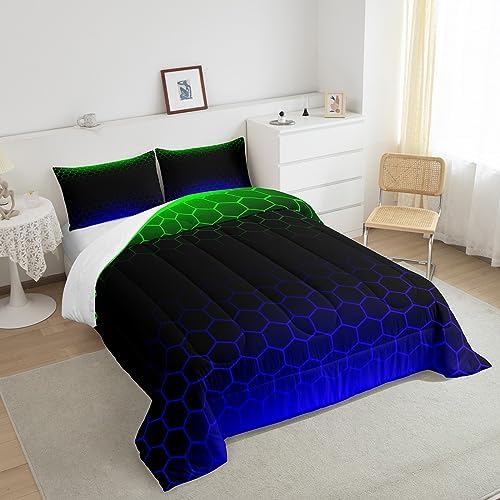 Feelyou Ombre Honeycomb Comforter Set Queen, Green Blue Ombre Hexagon Bedding Set Beehive Hexagon Comforter Kids Toddler Stereoscopic Duvet Set with 2 Pillow Case