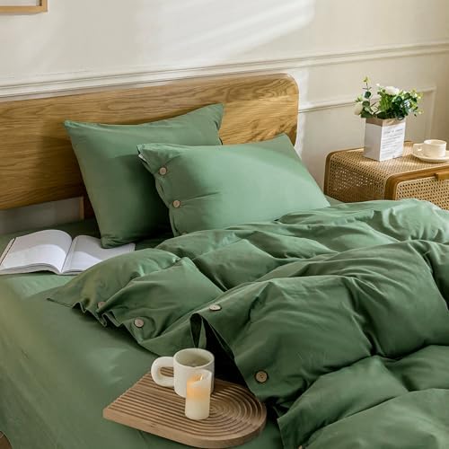 JELLYMONI Cotton Duvet Cover Full Size - Green Comforter Cover with Button 100% Washed Cotton 3PCS Breathable Soft Solid Bedding Set Duvet Cover 80×90in & 2 Pillowcases (NO Comforter)