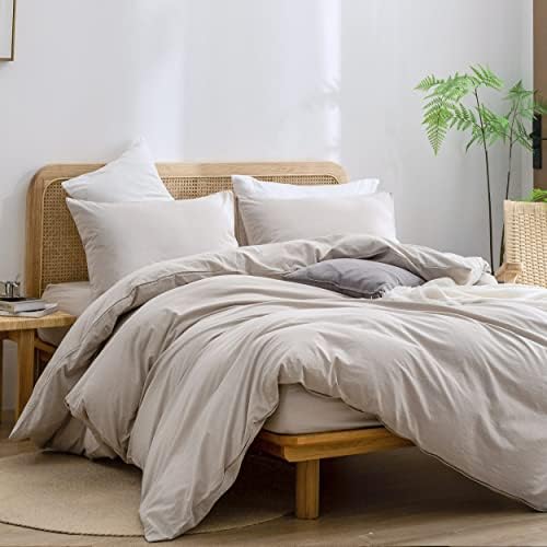 BESTOUCH Cotton Solid Duvet Cover Set Linen Feel Linen Grey Super King