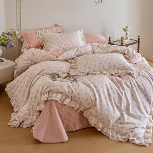 Pink Floral Duvet Cover Set Twin XL, Romantic Ruffle Lace Botanical Floral Bedding Set, 100% Cotton Girls Flower Cottagecore Duvet Cover, Reversible Grid Botanical Comforter Cover with 2 Pillowcases
