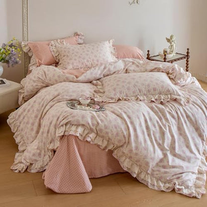 Reversible Pink Floral Duvet Cover Set Full Size, 100% Cotton Romantic Ruffle Comforter Cover, 3 Pieces Girls Princess Lace Bedding Set, Cottagecore Botanical Flower Duvet Cover with Zipper Closure